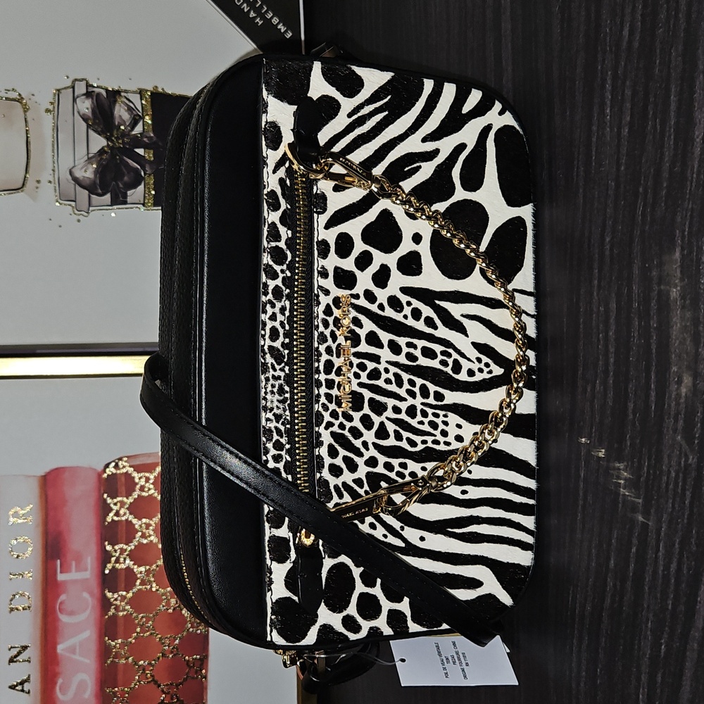 Michael Kors Black And White Zebra Print Crossbody Bag With Gold Chain